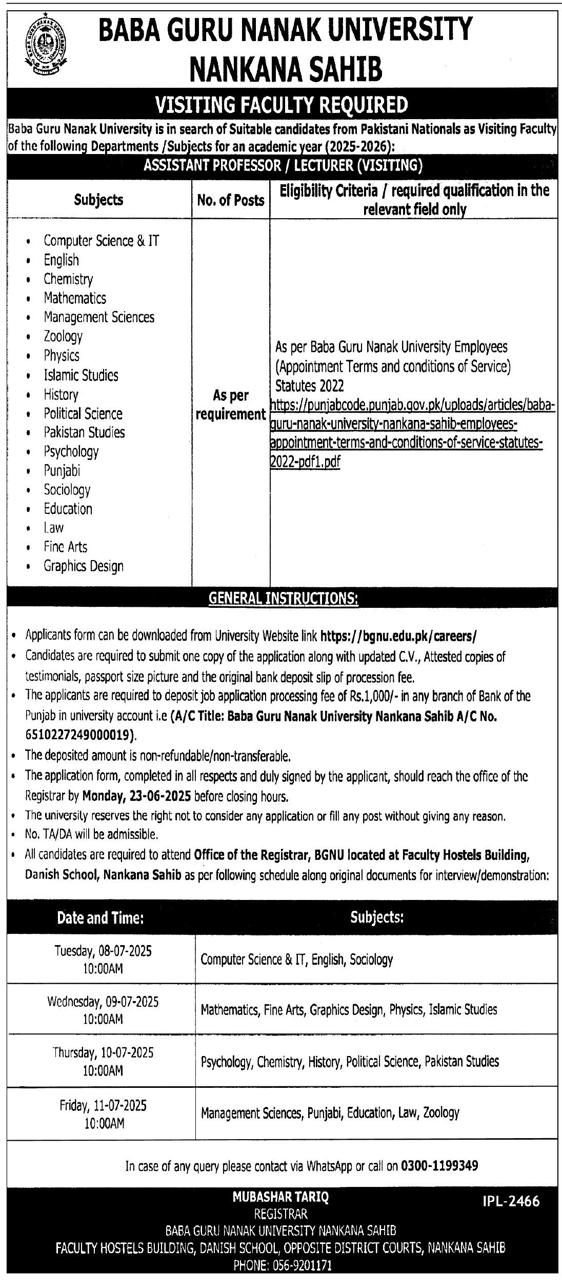 Lecturer & Assistant Professor Positions Open at BGNU Nankana Sahib: Latest Advertisement