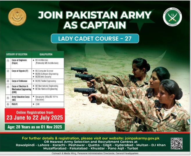 Pak Army Lady Captain Jobs 2025 Latest Advertisement