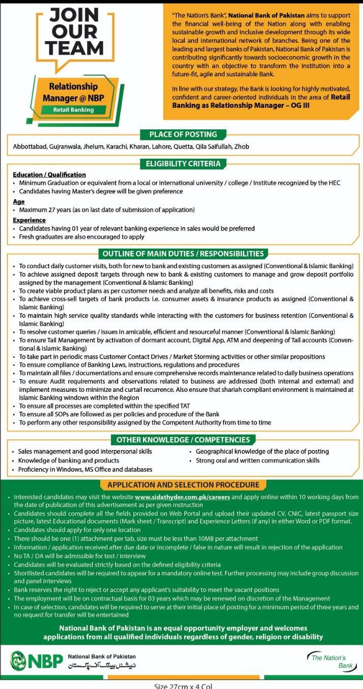 National Bank of Pakistan (NBP) Jobs 2025 Latest Advertisement
