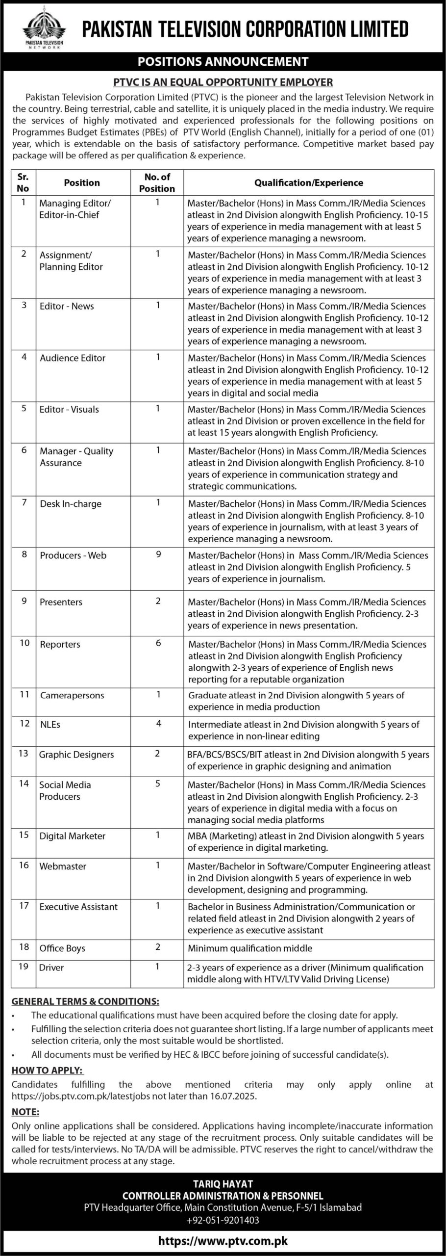 PTV Pakistan Television Corporation Jobs 2025 Advertisement