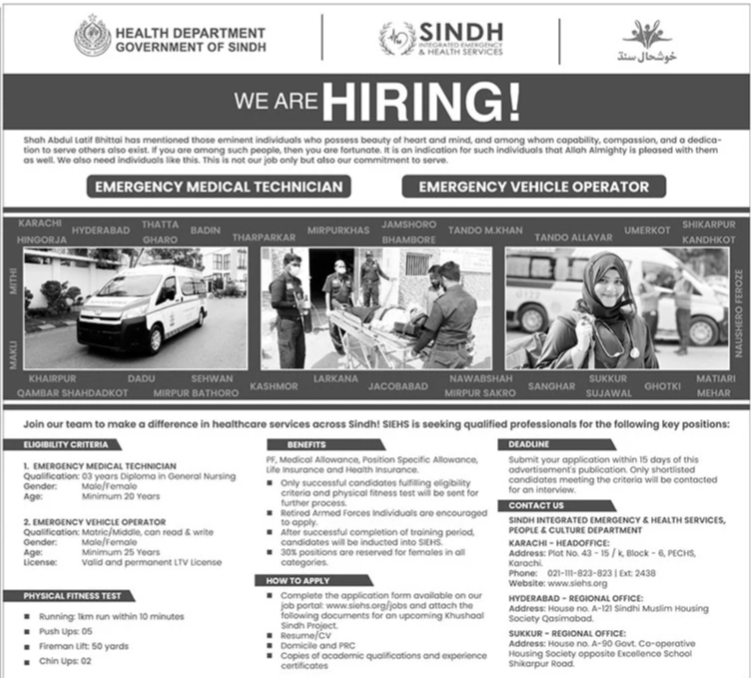 SIEHS Sindh Integrated Emergency & Health Services Jobs 2025 Advertisement