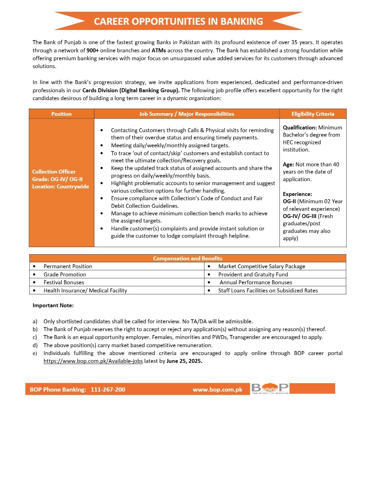 BOP Jobs 2025 Latest Advertisement