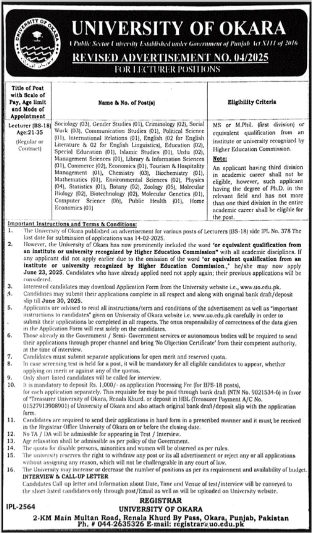 University of Okara Jobs 2025 Latest Advertisement