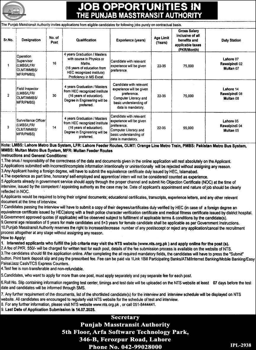 Punjab Masstransit Authority Jobs 2025 – Apply Online Advertisement