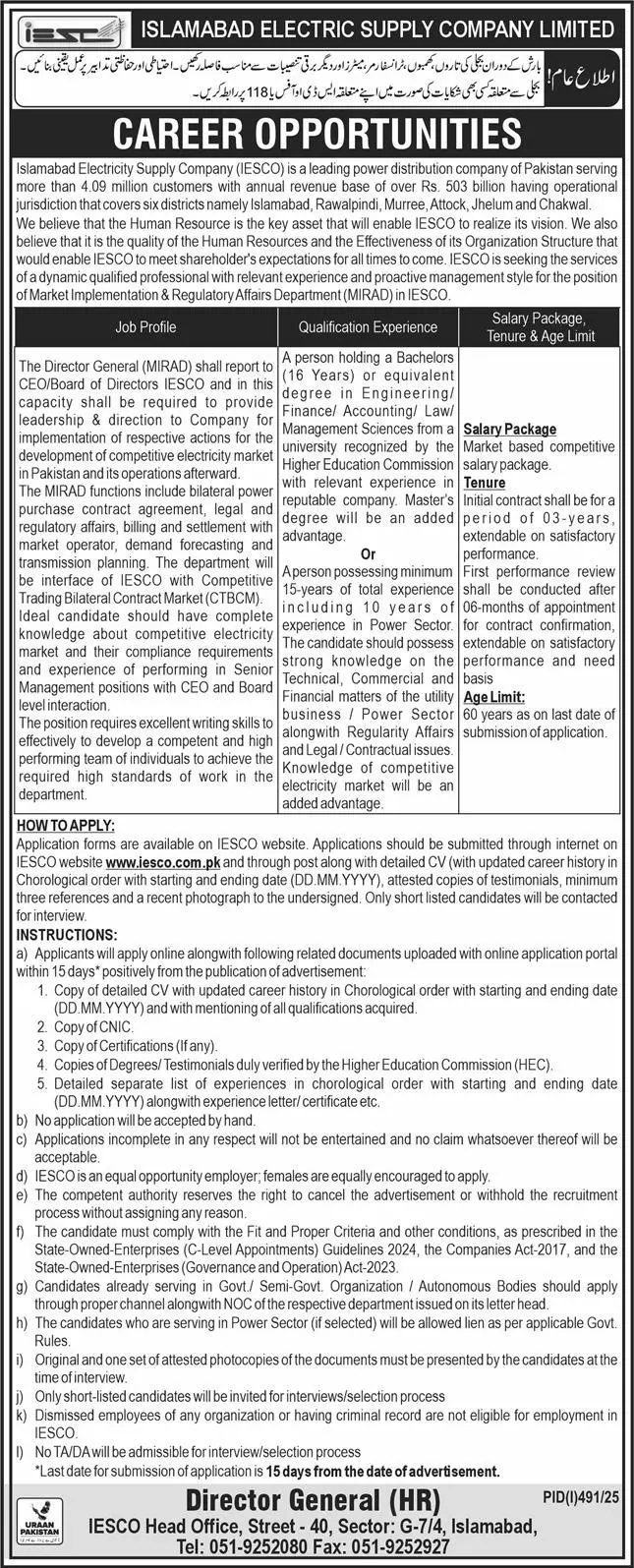 IESCO Islamabad Electric Supply Company Jobs 2025 Advertisement