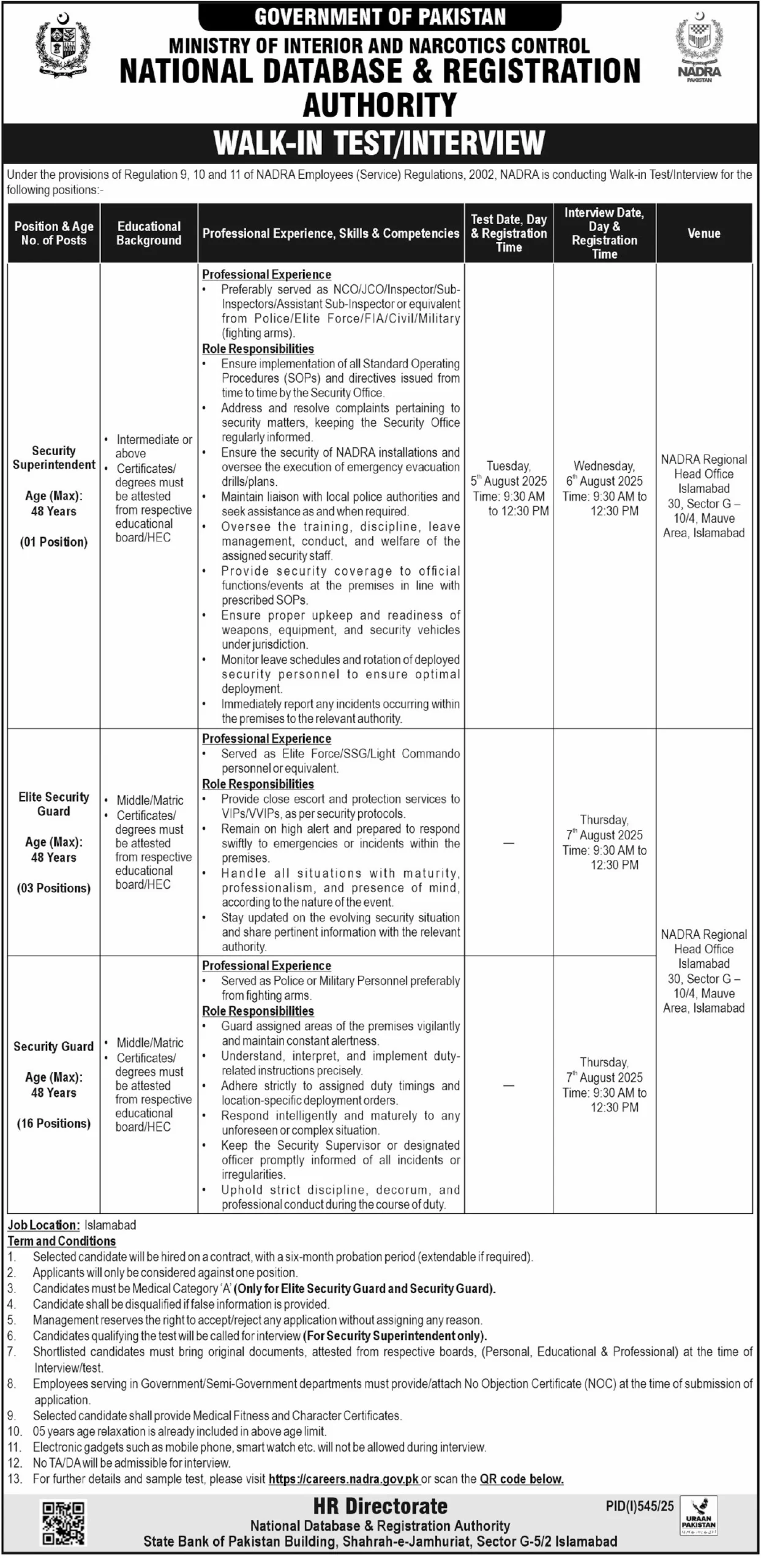 NADRA Security Jobs 2025 Latest Advertisement