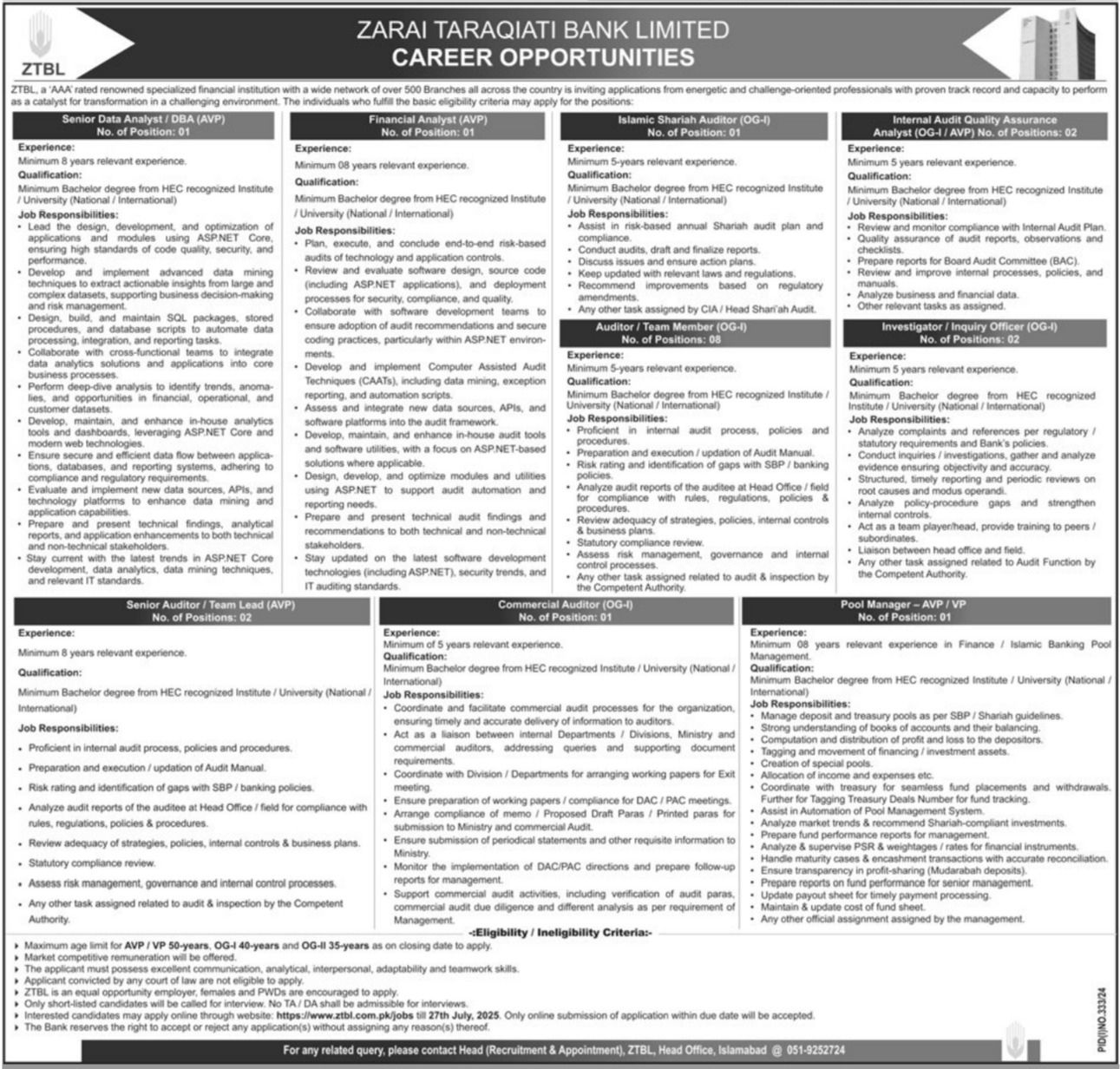 ZTBL Jobs 2025 Advertisement