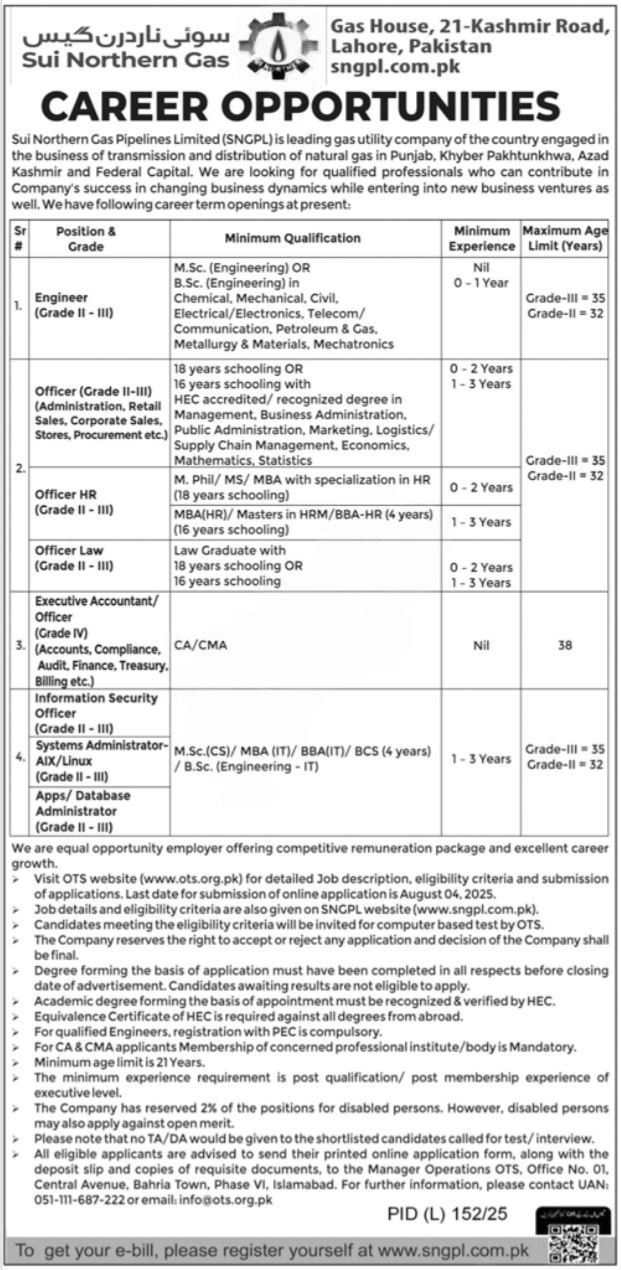 Sui Northern Gas Pipelines Limited Jobs 2025 Latest Advertisement