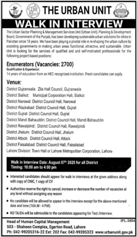 Urban Unit Walk-in Interview 2025 Latest Advertisement